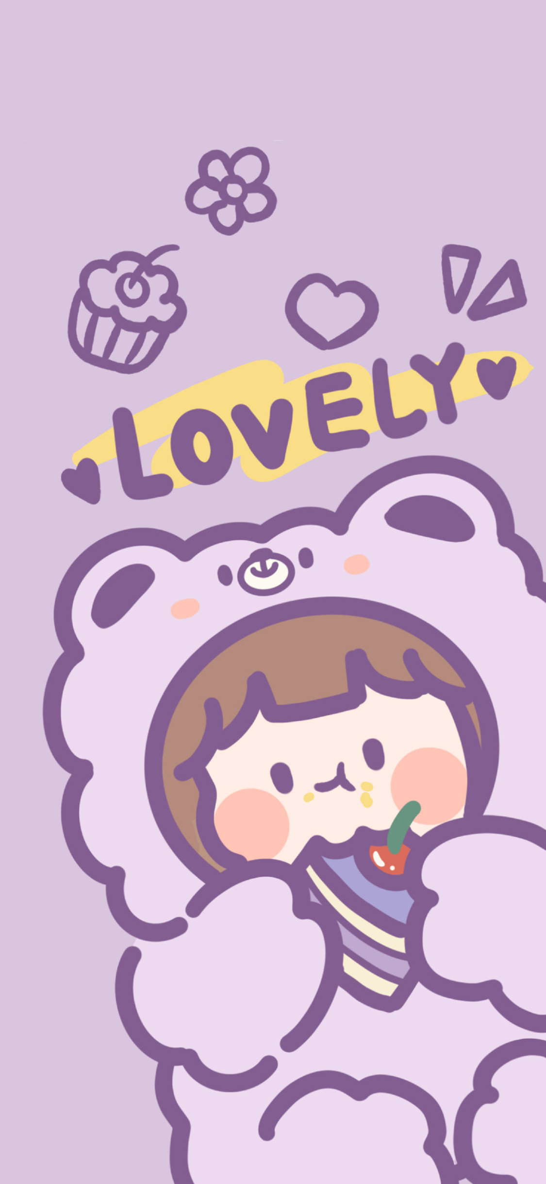 [2436×1125]肉肉酱 紫色 熊 女孩 可爱 苹果手机动漫壁纸图片