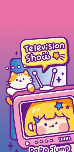 [2436x1125]肉肉酱 紫色 电视机 猫咪 苹果手机动漫壁纸图片