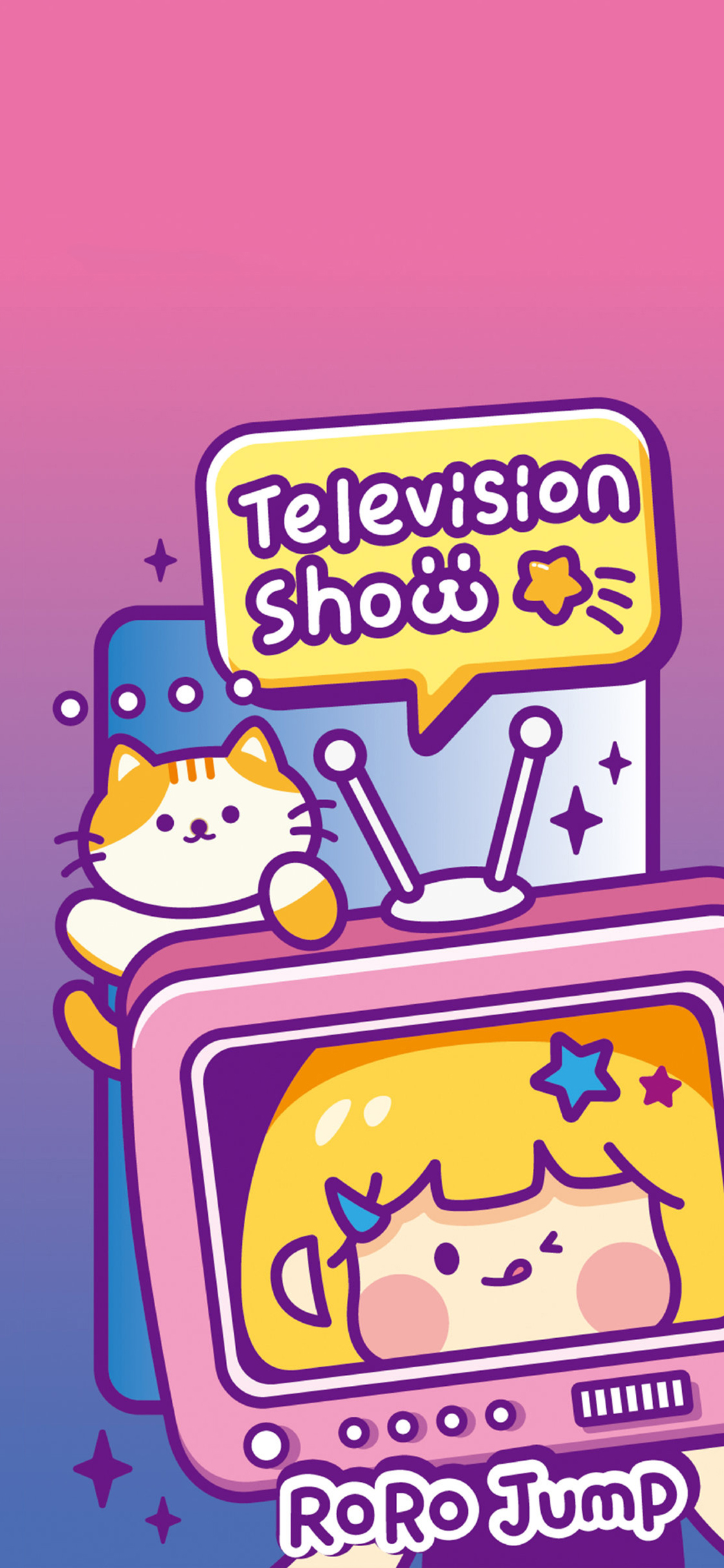 [2436×1125]肉肉酱 紫色 电视机 猫咪 苹果手机动漫壁纸图片