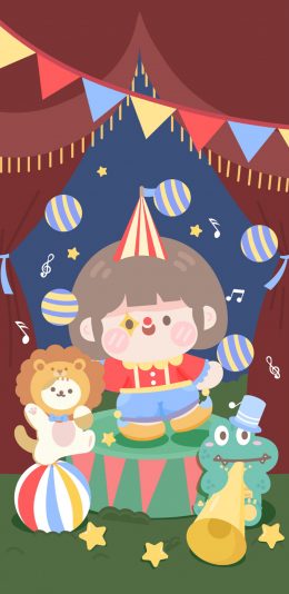 [2436x1125]肉肉酱 马戏团 小丑 小女孩 苹果手机动漫壁纸图片