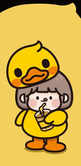 [2436x1125]肉肉酱 黄色 小黄鸭 珍珠奶茶 可爱 苹果手机动漫壁纸图片