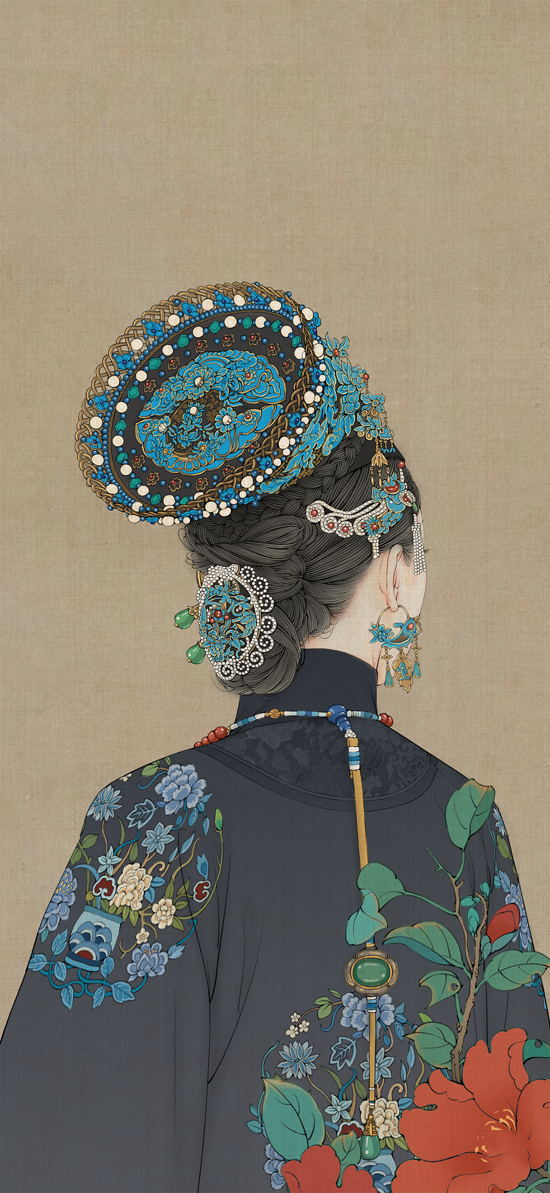 [2436×1125]背影 皇朝 皇妃 古装 插图 苹果手机动漫壁纸图片