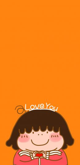 [2436x1125]胖女孩 可爱 爱心 手势 橘色 爱你 苹果手机动漫壁纸图片