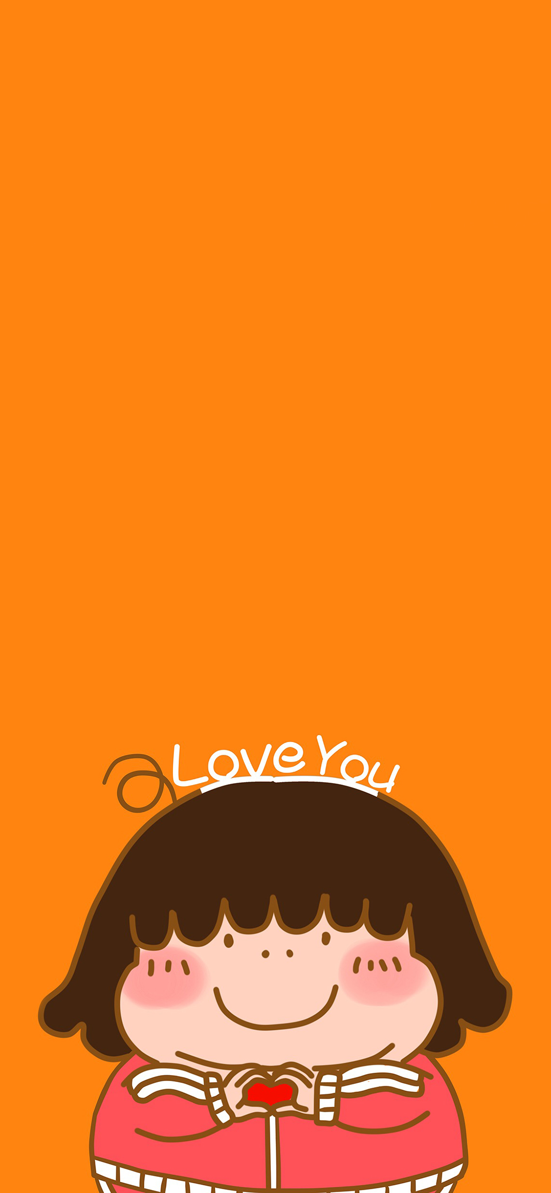 [2436×1125]胖女孩 可爱 爱心 手势 橘色 爱你 苹果手机动漫壁纸图片