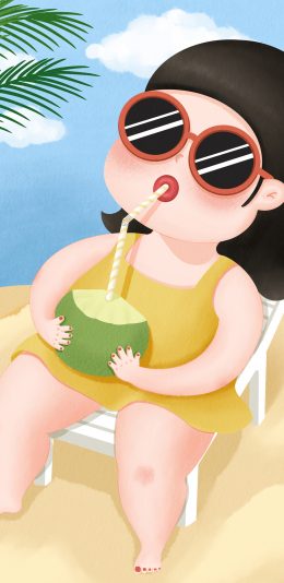 [2436x1125]胖妞 可爱 沙滩 椰青 苹果手机动漫壁纸图片