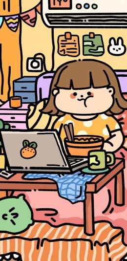 [2436x1125]胖妹 可爱 卡通 居家 苹果手机动漫壁纸图片