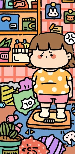 [2436x1125]胖妹 可爱 卡通 肥胖 生气 苹果手机动漫壁纸图片