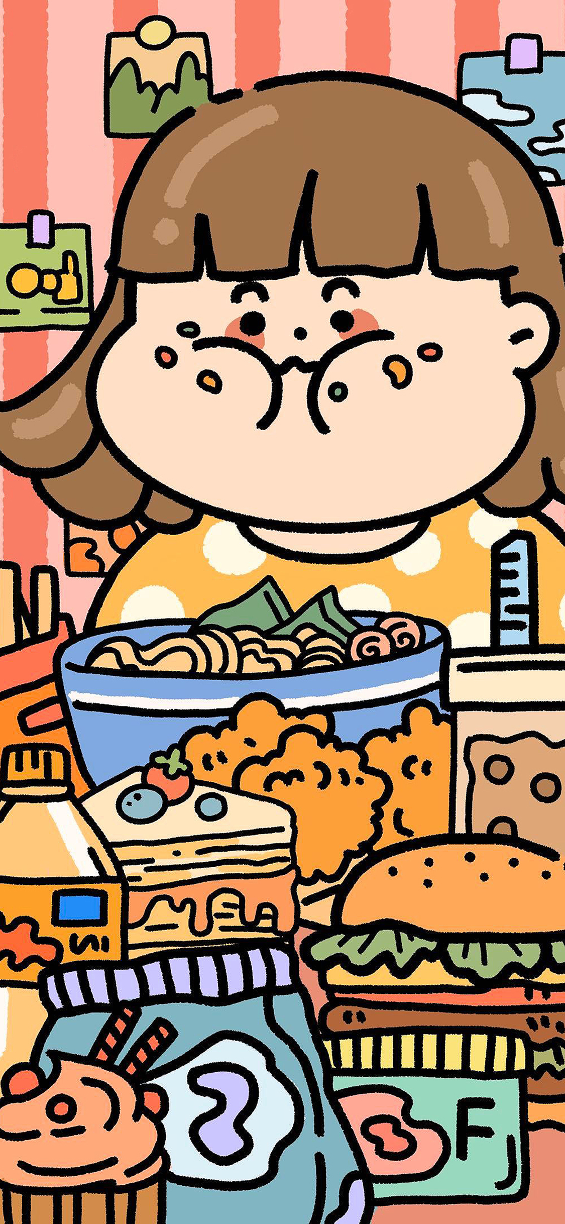 [2436×1125]胖妹儿 美食 油炸 快餐 苹果手机动漫壁纸图片