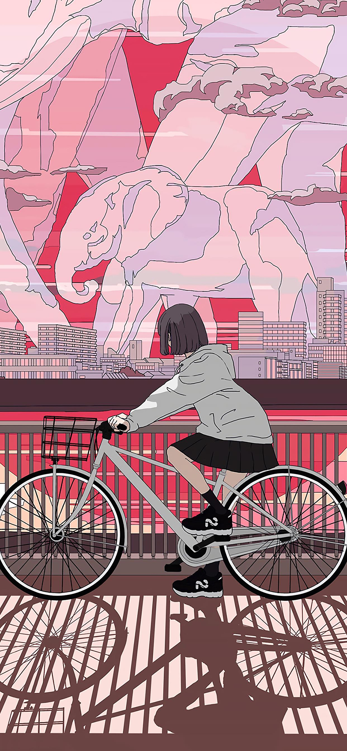 [2436×1125]自行车 女孩 漫画 大象 影子 苹果手机动漫壁纸图片