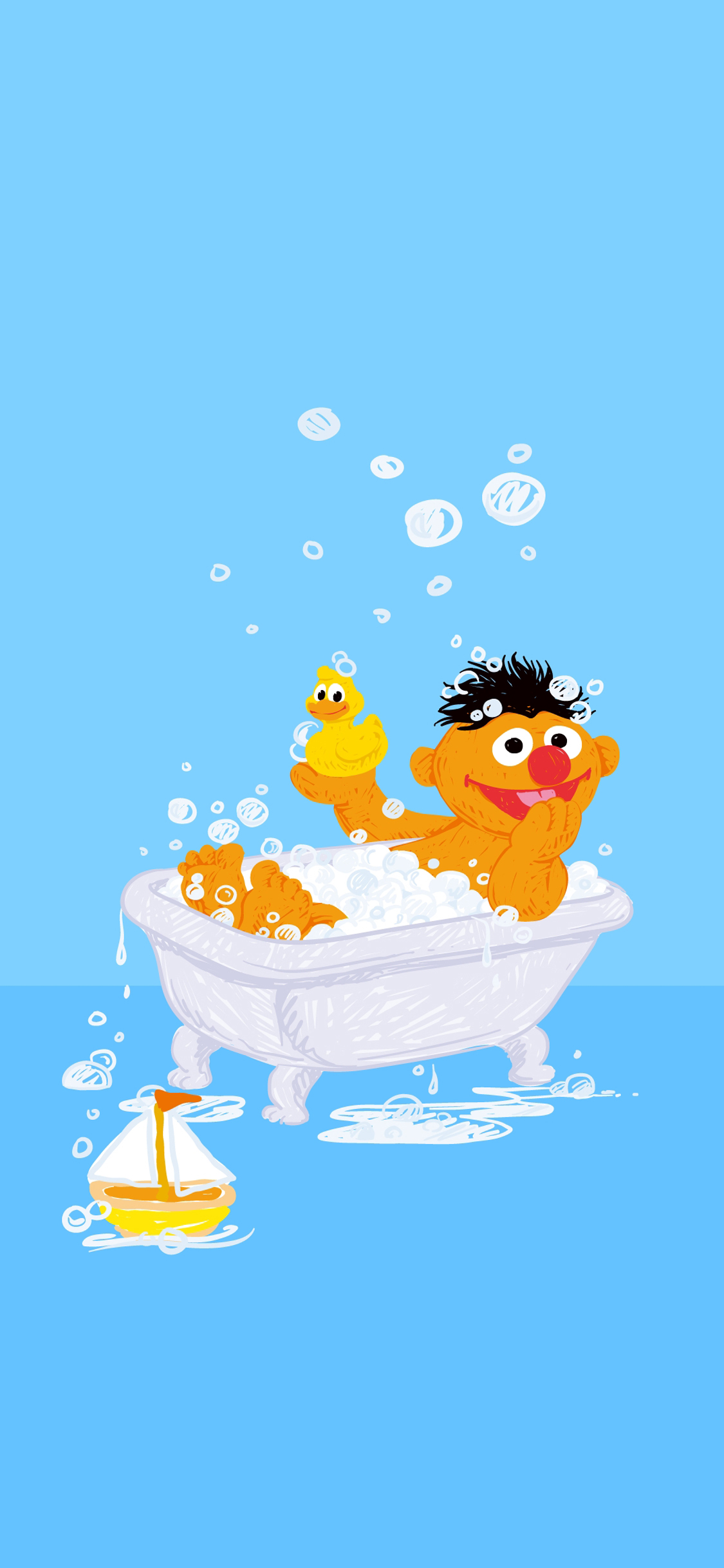[2436×1125]芝麻街 动画 美国 蓝色 浴缸 泡澡 苹果手机动漫壁纸图片