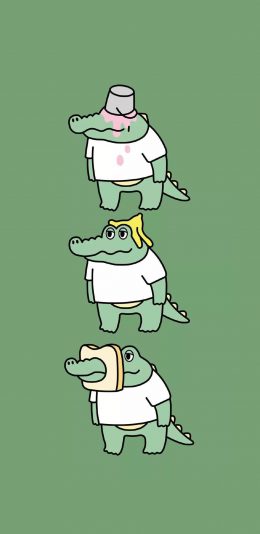 [2436x1125]苦绿色背景 卡通 小鳄鱼 可爱 苹果手机动漫壁纸图片