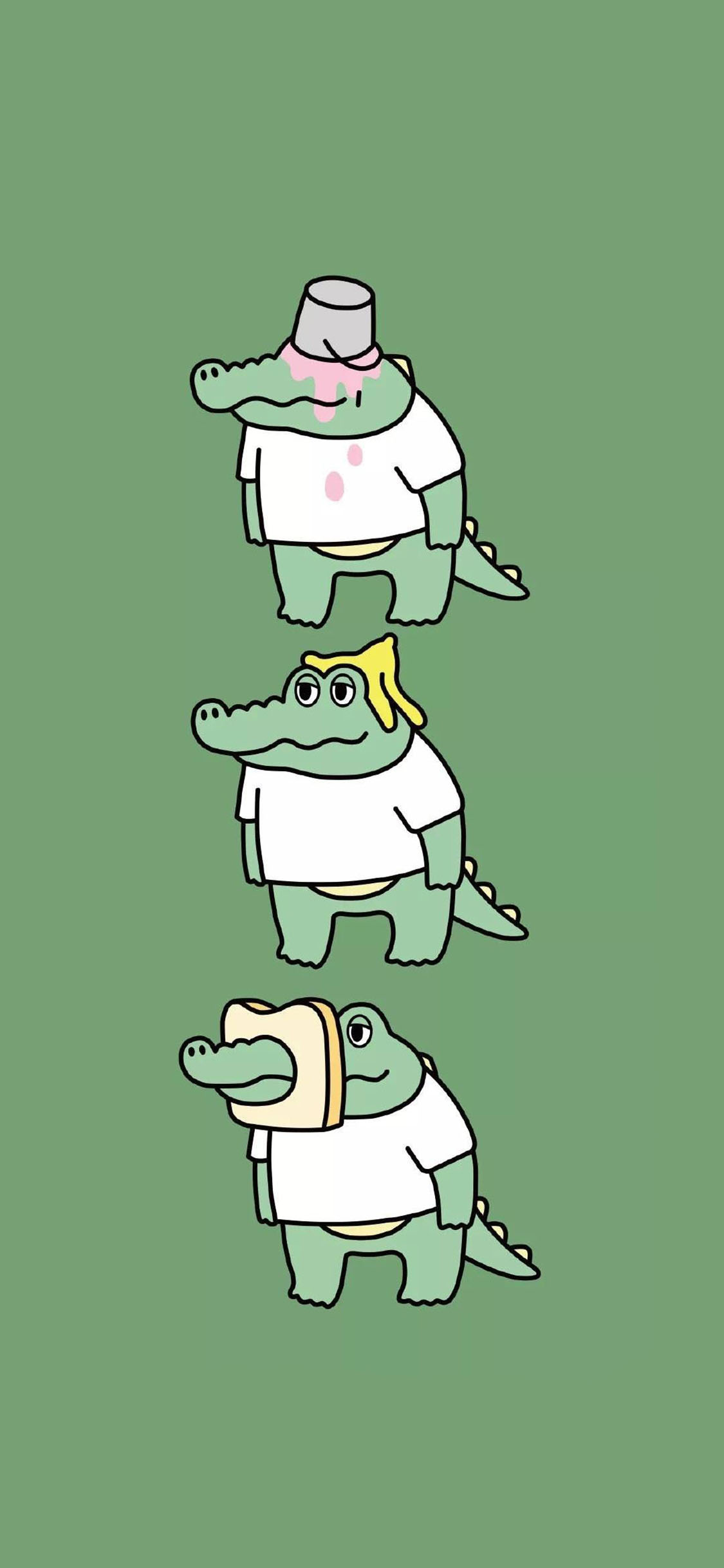 [2436×1125]苦绿色背景 卡通 小鳄鱼 可爱 苹果手机动漫壁纸图片
