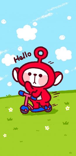[2436x1125]英国 天线宝宝 小波 红色 hello 苹果手机动漫壁纸图片