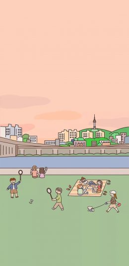 [2436x1125]草地 休闲 插图 羽毛球 苹果手机动漫壁纸图片