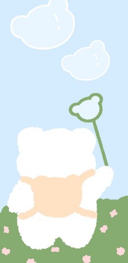 [2436x1125]草地 卡通 小熊 背影（取自微博：一只牧牧） 苹果手机动漫壁纸图片