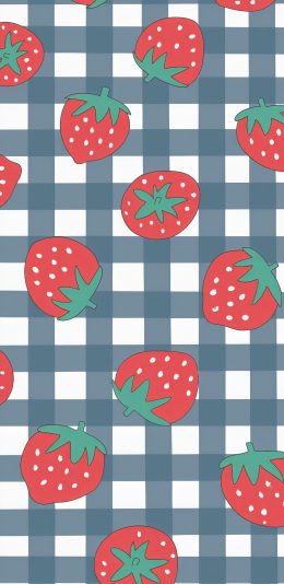 [2436x1125]草莓 可爱 方格 红白蓝 苹果手机动漫壁纸图片