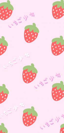 [2436x1125]草莓 少女 平铺 粉色 苹果手机动漫壁纸图片