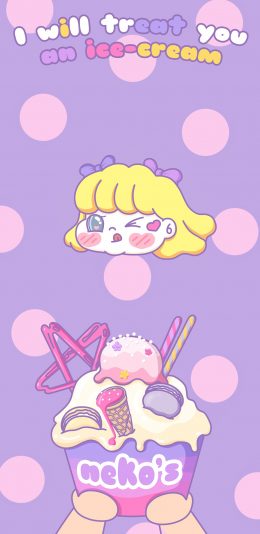 [2436x1125]萌咔便利店 卡通 紫色 可爱 少女 冰淇淋 甜品 波点 苹果手机动漫壁纸图片