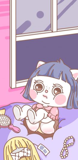 [2436x1125]萌咔便利店 小女孩 假发 数字 卡通 苹果手机动漫壁纸图片