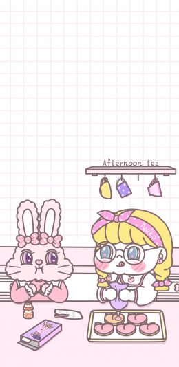 [2436x1125]萌咔便利店 小女孩 兔子 甜点 苹果手机动漫壁纸图片