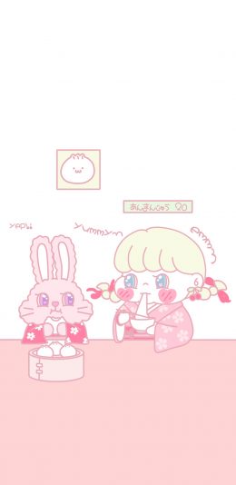 [2436x1125]萌咔便利店 小女孩 和服 包子 吃 粉色 苹果手机动漫壁纸图片
