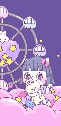 [2436x1125]萌咔便利店 小女孩 摩天轮 紫色 苹果手机动漫壁纸图片