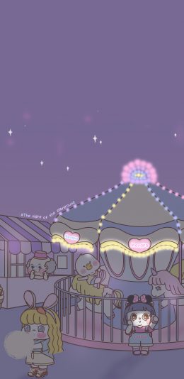 [2436x1125]萌咔便利店 小女孩 旋转木马 紫色 游乐场 自拍 苹果手机动漫壁纸图片