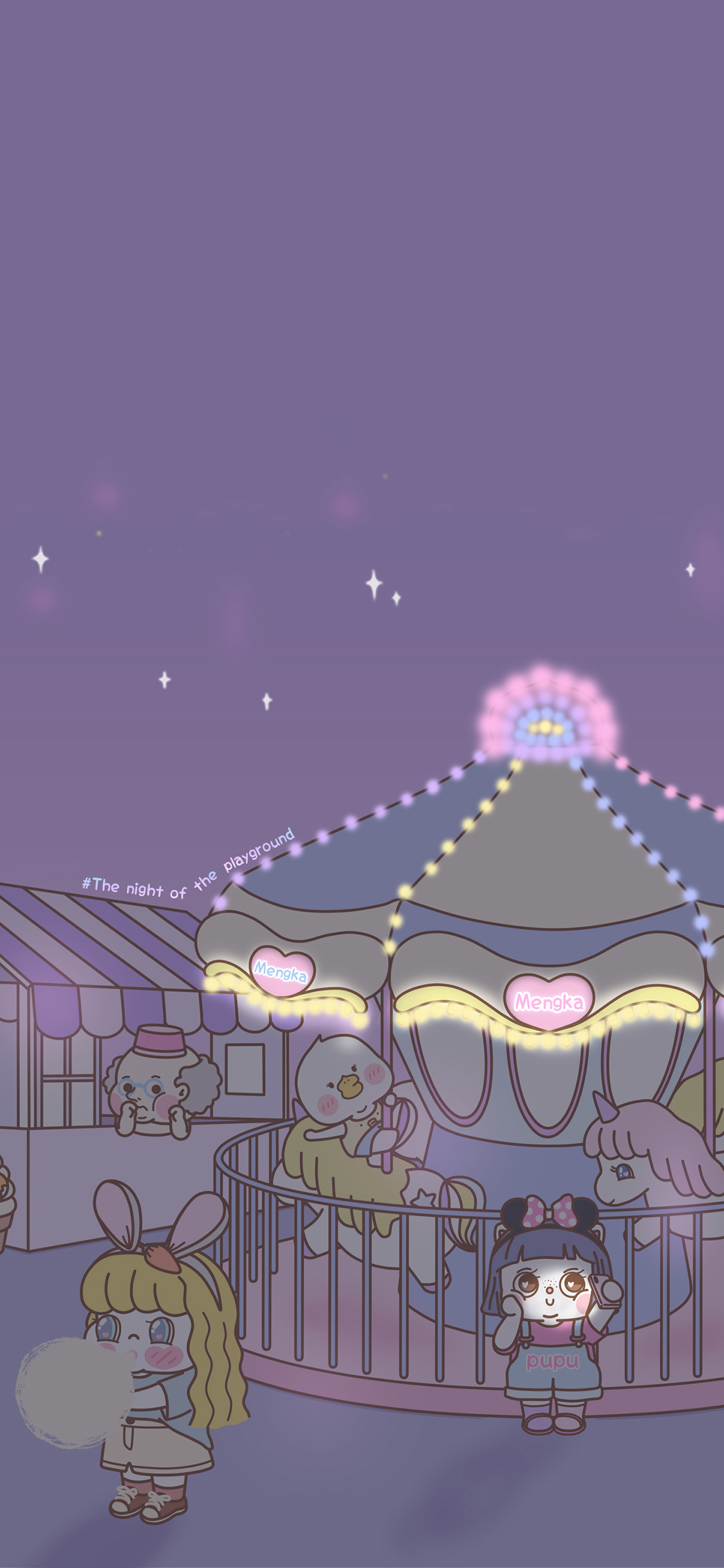 [2436×1125]萌咔便利店 小女孩 旋转木马 紫色 游乐场 自拍 苹果手机动漫壁纸图片
