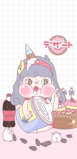[2436x1125]萌咔便利店 小女孩 甜品 瓜子 苹果手机动漫壁纸图片