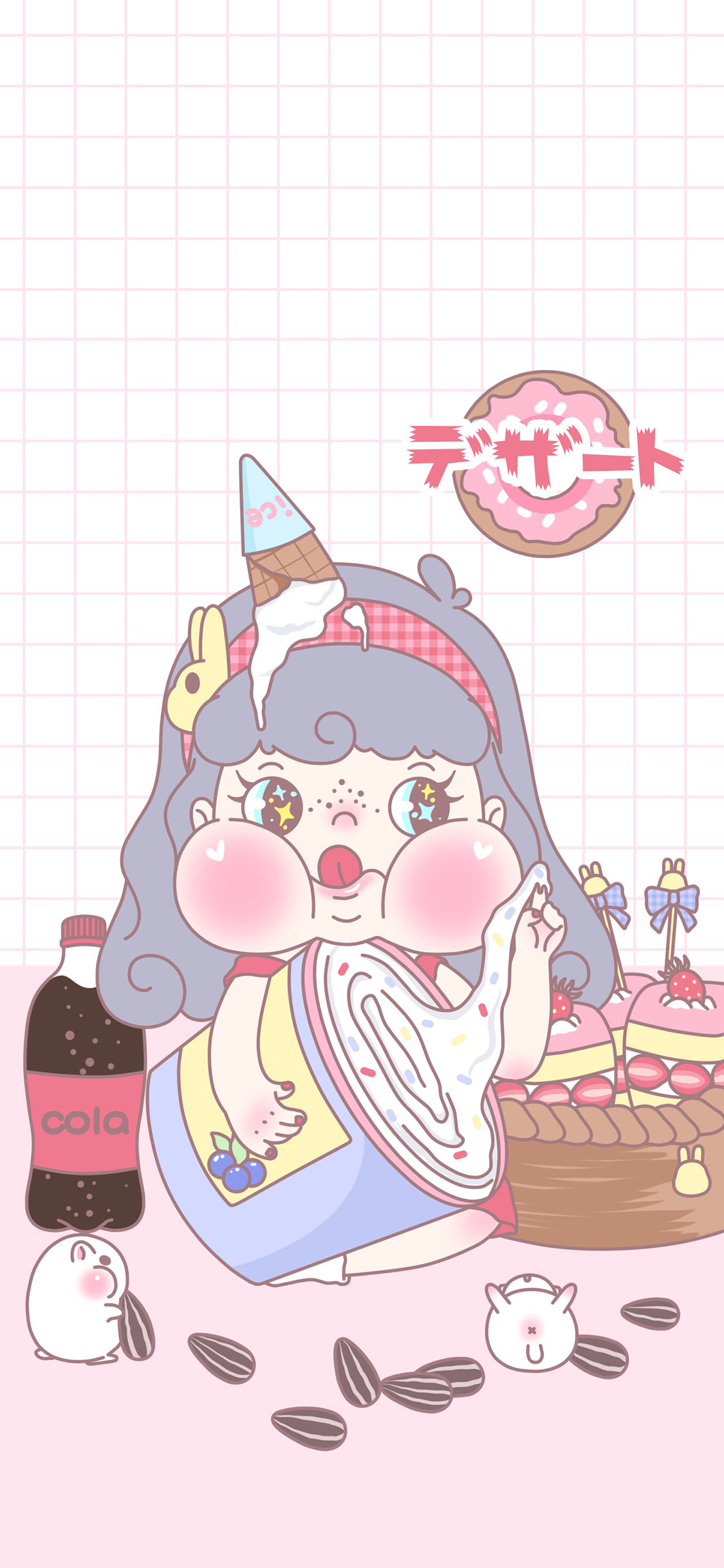 [2436×1125]萌咔便利店 小女孩 甜品 瓜子 苹果手机动漫壁纸图片