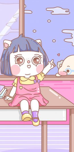 [2436x1125]萌咔便利店 小女孩 老头 卡通 苹果手机动漫壁纸图片