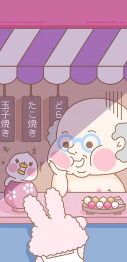[2436x1125]萌咔便利店 店铺 玉子烧 老头 苹果手机动漫壁纸图片
