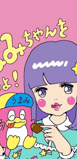 [2436x1125]萌系 少女 粉色 企鹅 苹果手机动漫壁纸图片