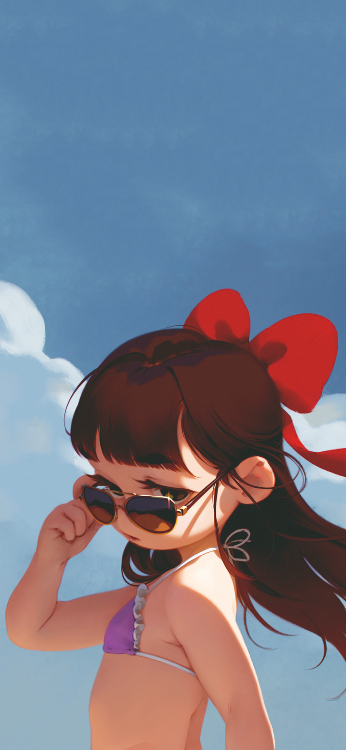 [2436×1125]萝莉 蝴蝶结 可爱 泳装 苹果手机动漫壁纸图片