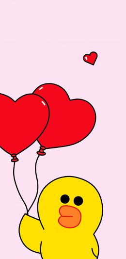 [2436x1125]萨莉鸡 卡通 爱心气球 linefriends 粉色 苹果手机动漫壁纸图片