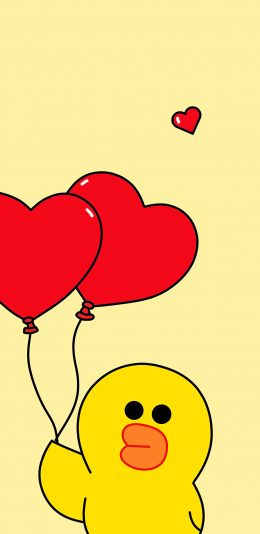 [2436x1125]萨莉鸡 卡通 爱心气球 linefriends 黄色 苹果手机动漫壁纸图片