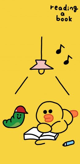 [2436x1125]萨莉鸡 黄色 动画 linefriends 看书 苹果手机动漫壁纸图片