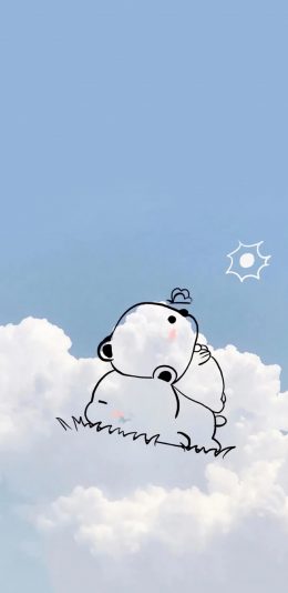 [2436x1125]蓝天 云朵 简笔画 小熊 苹果手机动漫壁纸图片