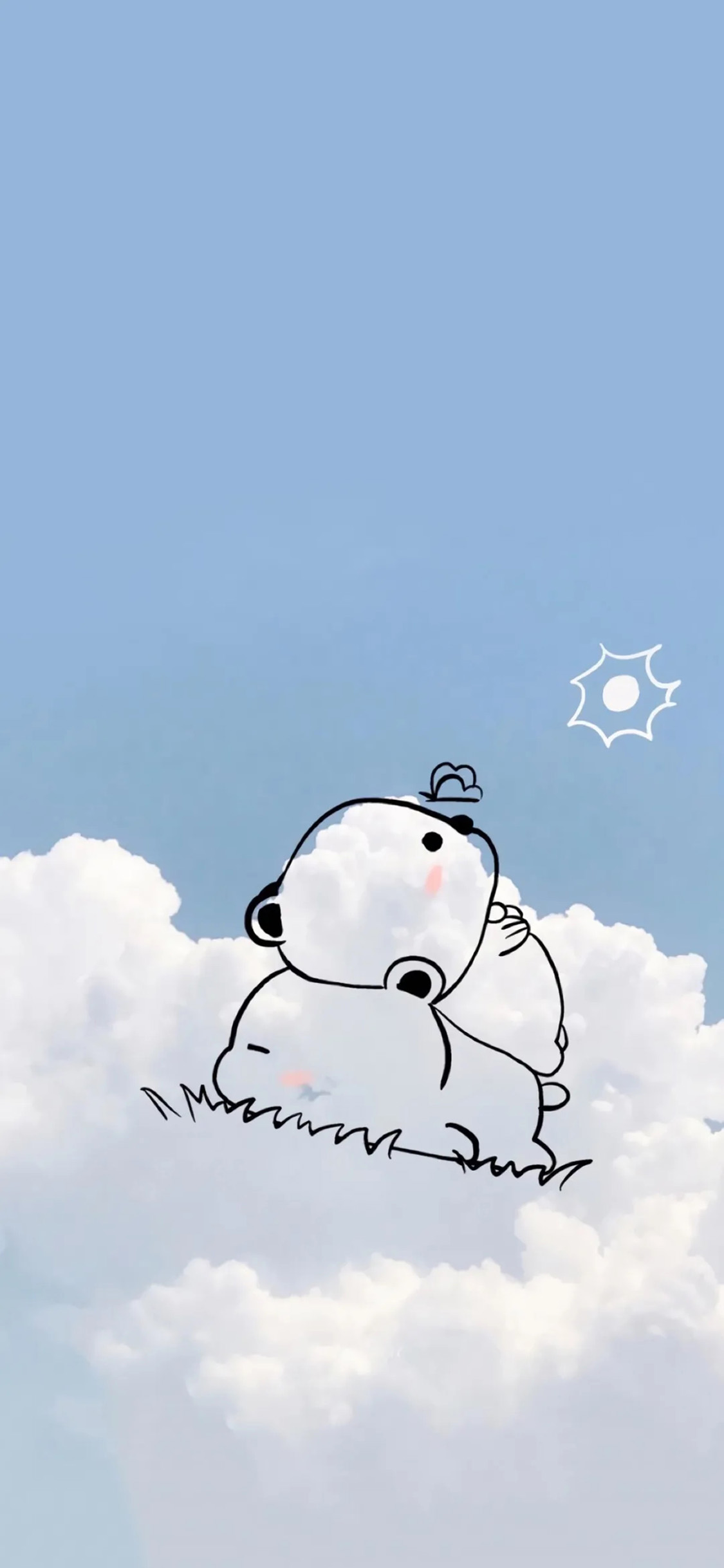 [2436×1125]蓝天 云朵 简笔画 小熊 苹果手机动漫壁纸图片