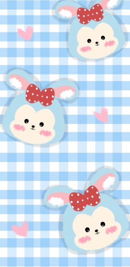 [2436x1125]蓝色 格子 背景 兔子（取自微博：玩泥巴的晓朋友 ​​​​） 苹果手机动漫壁纸图片