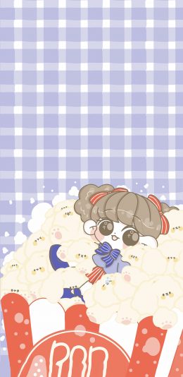 [2436x1125]蓝色 格子 萝莉 可爱（取自微博：老夏的小萝莉） 苹果手机动漫壁纸图片