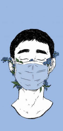 [2436x1125]蓝色背景 人物 口罩 疫情 插图 苹果手机动漫壁纸图片