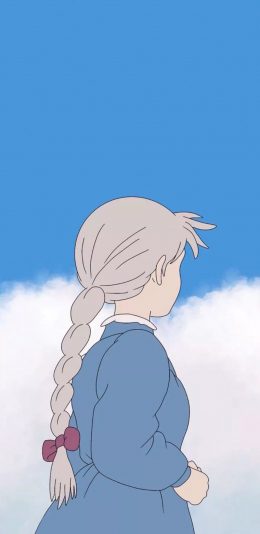 [2436x1125]蓝色背景 动漫少女 背影 辫子 苹果手机动漫壁纸图片