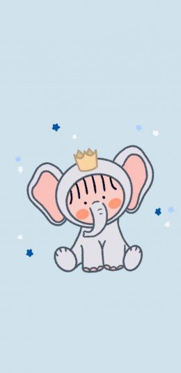 [2436x1125]蓝色背景 卡通 大象 皇冠 苹果手机动漫壁纸图片