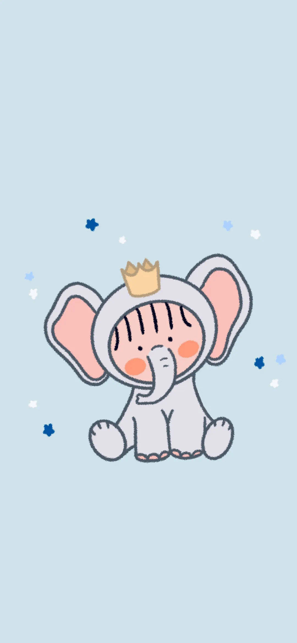 [2436×1125]蓝色背景 卡通 大象 皇冠 苹果手机动漫壁纸图片