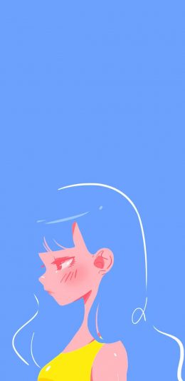 [2436x1125]蓝色背景 卡通 女孩 长发 苹果手机动漫壁纸图片