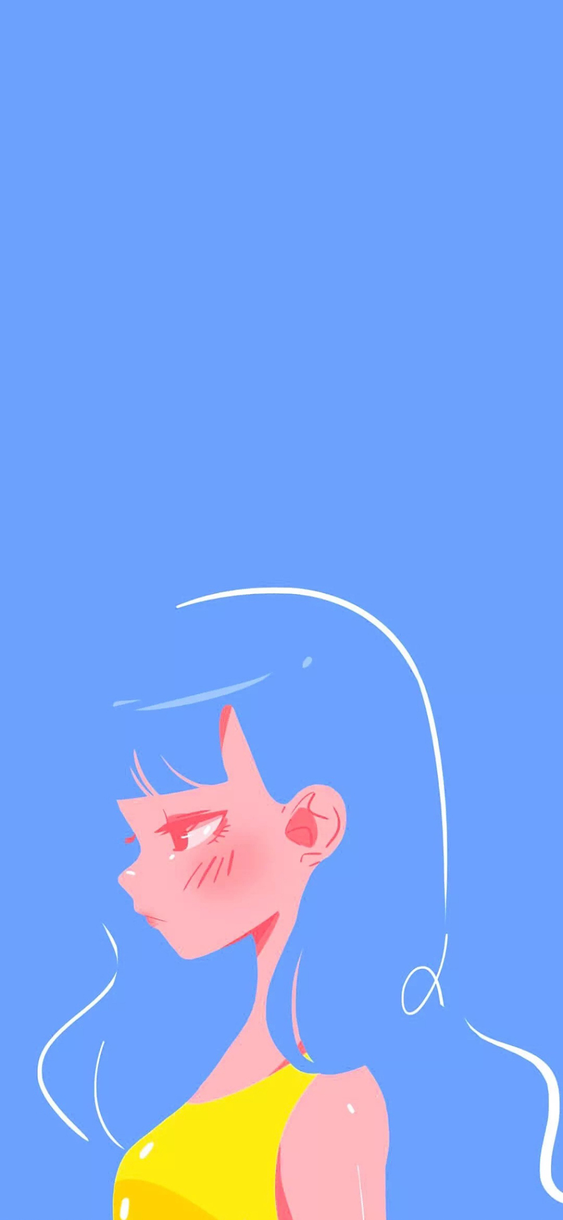 [2436×1125]蓝色背景 卡通 女孩 长发 苹果手机动漫壁纸图片