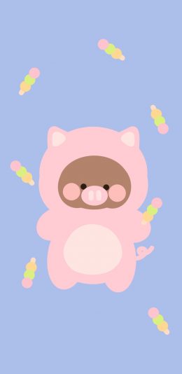 [2436x1125]蓝色背景 卡通 小熊 猪猪鼻子 苹果手机动漫壁纸图片