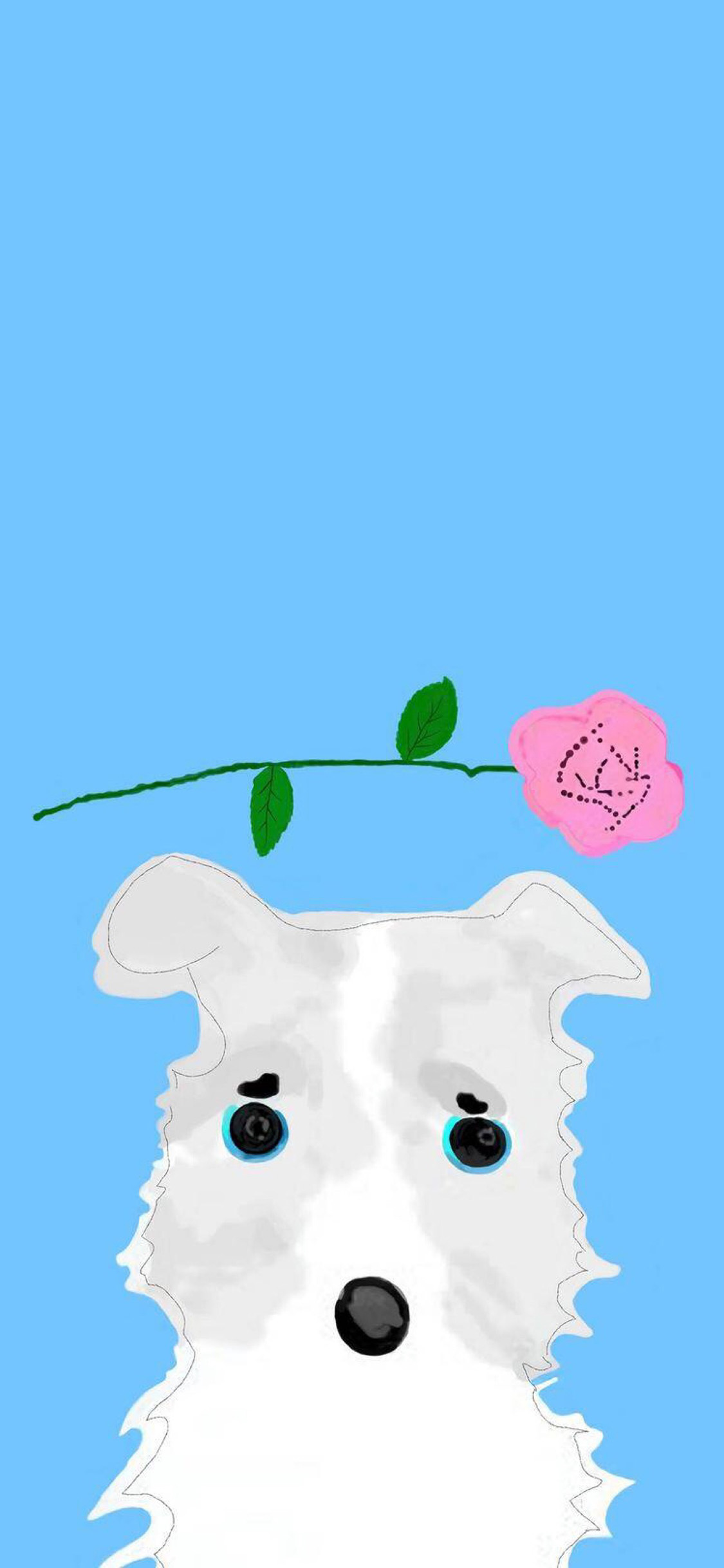 [2436×1125]蓝色背景 卡通 狗子 玫瑰花 苹果手机动漫壁纸图片