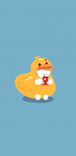 [2436x1125]蓝色背景 卡通 猫咪 小黄鸭 苹果手机动漫壁纸图片